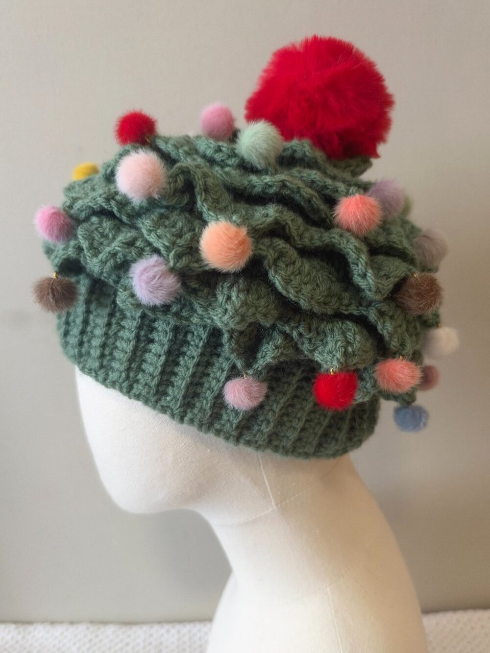 Handmade Crochet Festive Christmas Tree Embellished Green Red Pompom Beanie